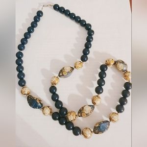 Vintage Navy Necklace with matching cloisonne Earrings. Floral.